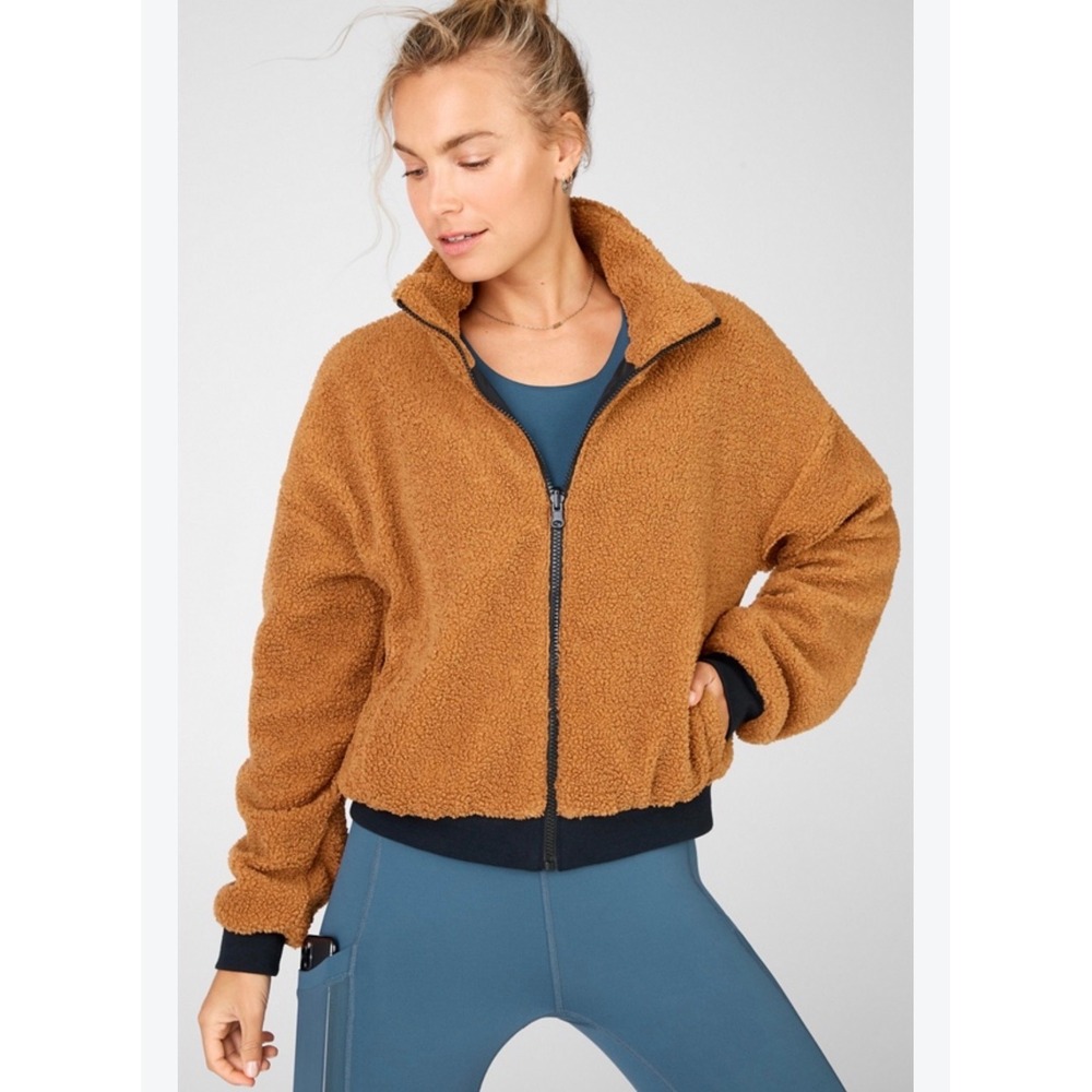 Fabletics Spencer Reversible Jacket Women 1X Brown Teddy Fleece Sherpa Bomber